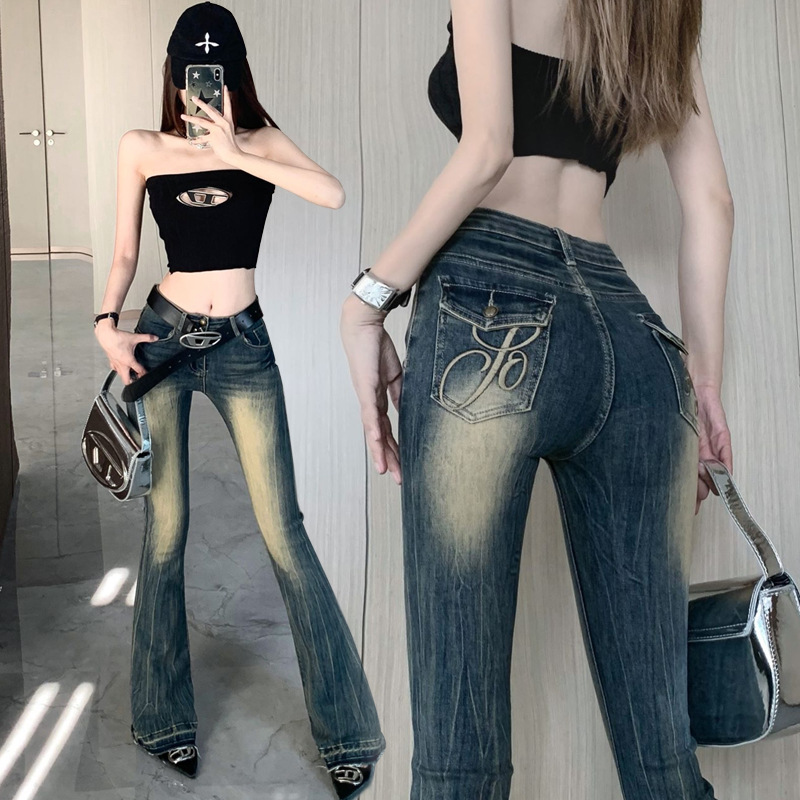 Vintage Spice Girls Micro-Lar Jeans Women's Summer Thin Stretch Hip-lift Low Waist Design Sense Embroidered Fur-rimmed Horseshoe Pants