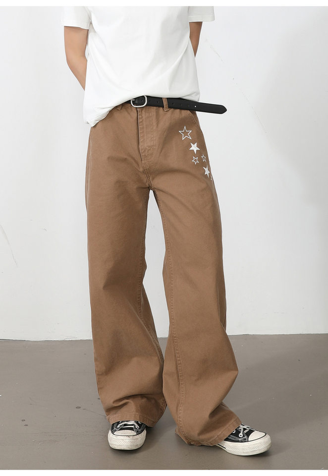 Quần dài nam ống rộng lưng trung in họa tiết ngôi sao Mỹ, form suông thoải mái — Xanh da trờicolor, màu kaki, màu xám, màu đỏ chi tiết 13
