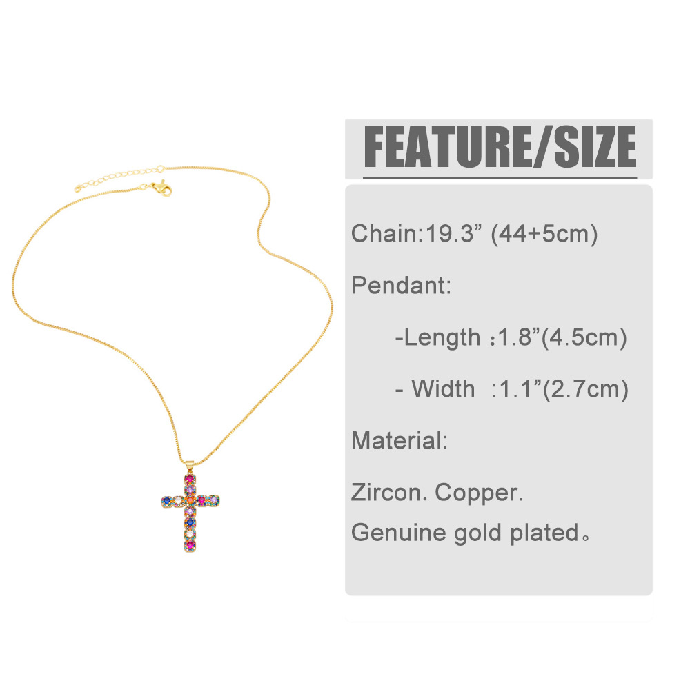Fashion Hip Hop Micro-Inlaid Color Zircon Cross Copper Necklace
