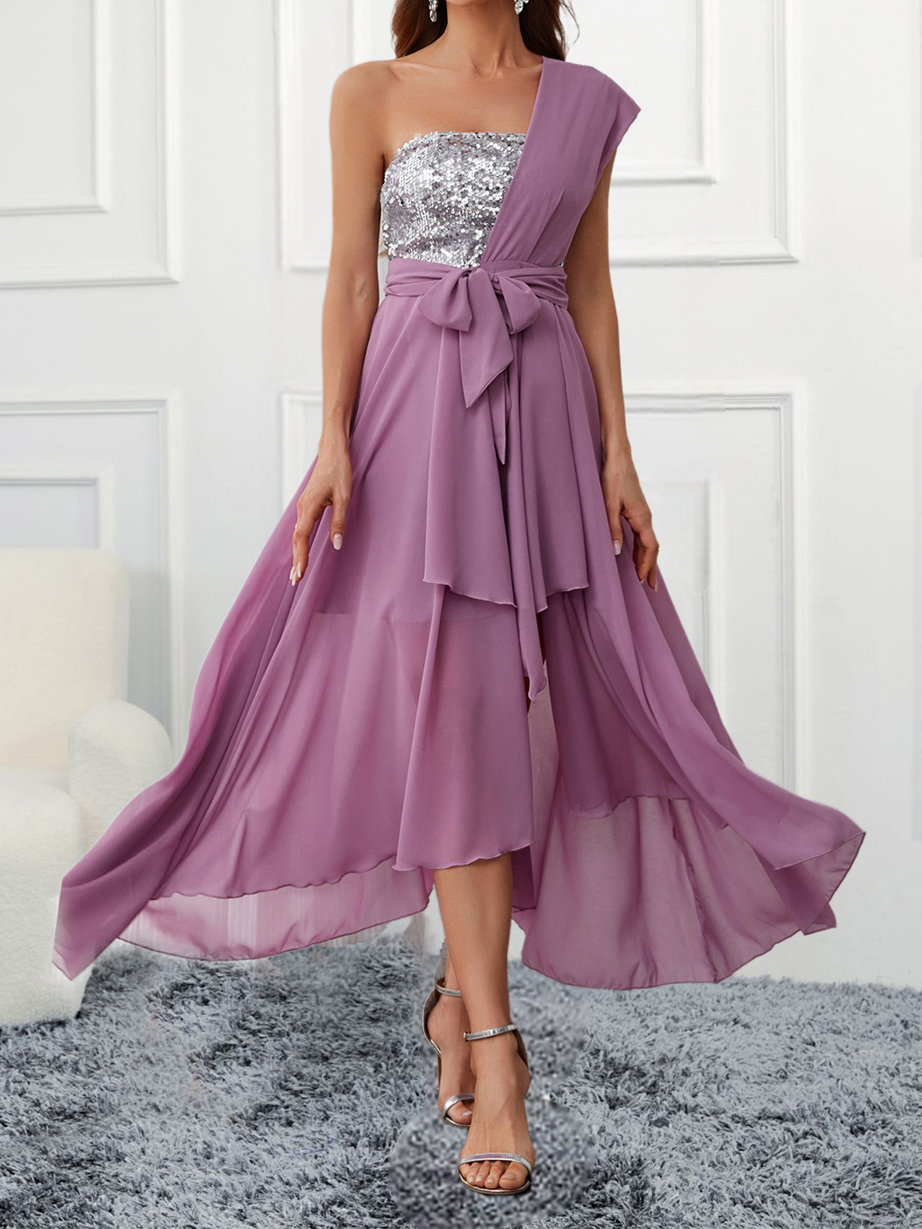 Primavera y verano europeo y americano Comercio exterior nuevo vestido Amazon envuelto pecho lentejuelas gasa gran swing vestido transfronterizo exclusivo