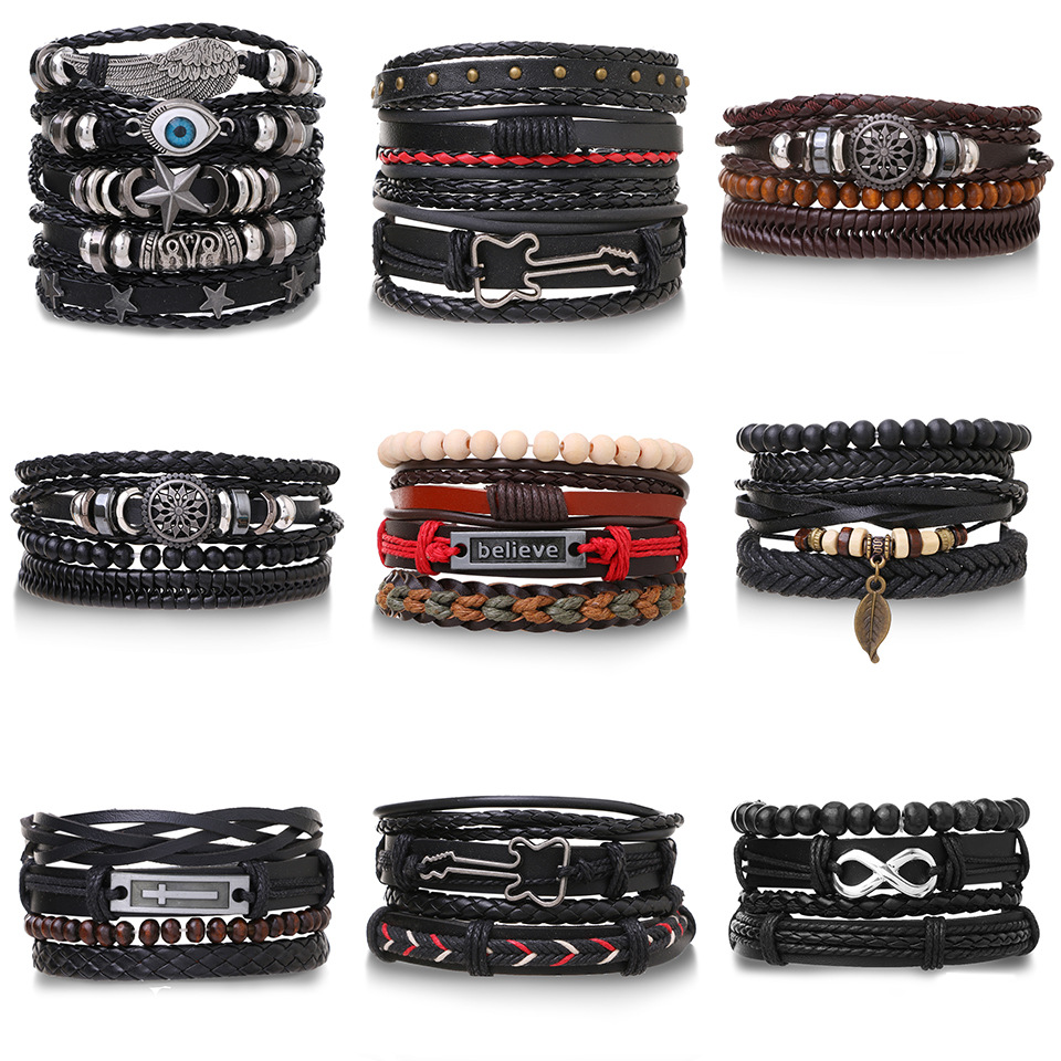Mu Shang cross-border European and American woven leather men's bracelet multi-layer suit skull leather bracelet wholesale