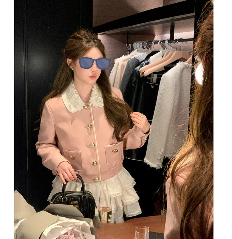 杨小卷 miu系千金风娃娃领环保皮衣女短款夹克小香外套小个子穿搭|undefined