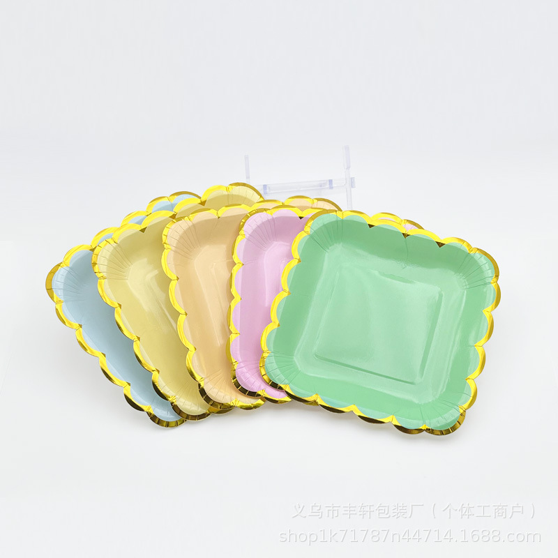 Transfronterizo estampado ondas desechable bandeja cuadrada macarón bandeja de papel bandeja de fiesta de cumpleaños para niños platos de pastel bandeja de frutas