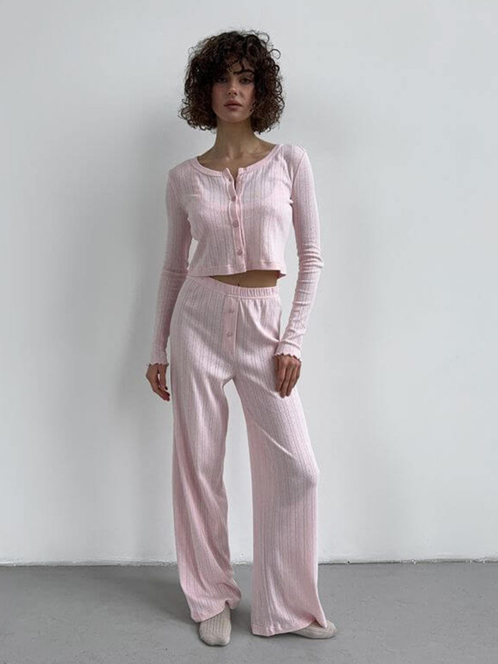 Bộ đồ ngủ nữ 3 món áo cardigan dài tay quần dài họa tiết jacquard — Màu be, Màu hồng chi tiết 67