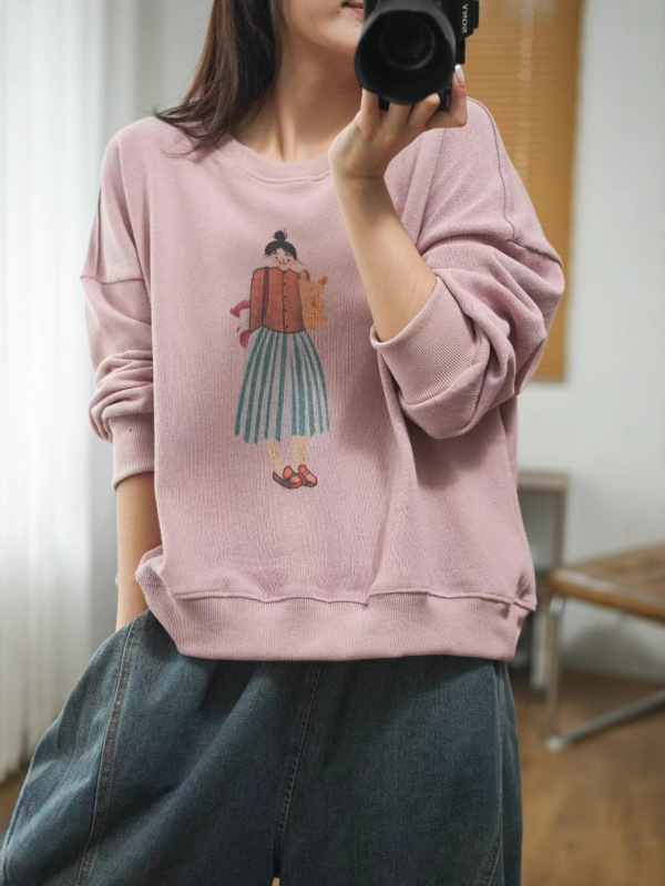 2025秋季新款 简约女孩印花拼接做旧卫衣 宽松圆领套头卫衣上衣女|undefined