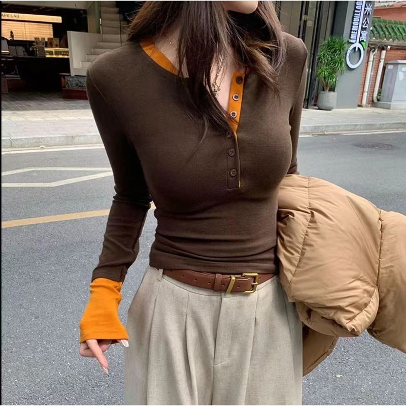 2025秋款撞色假两件别致内搭打底衫女辣妹上衣百搭桖7123|undefined