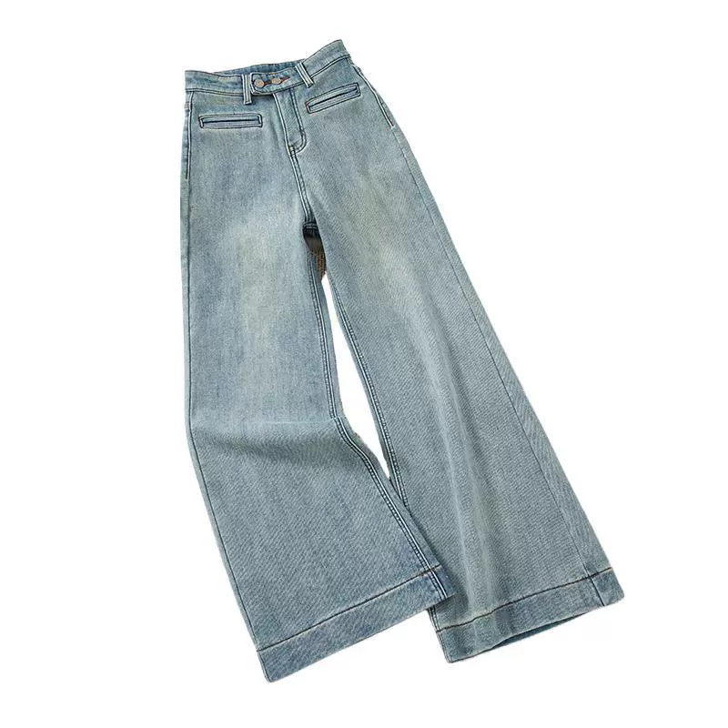 Плюшевые светлые джинсы с высокой талией микро-Ла женские 2024 осень и зима новые свободные тонкие широкие брюки