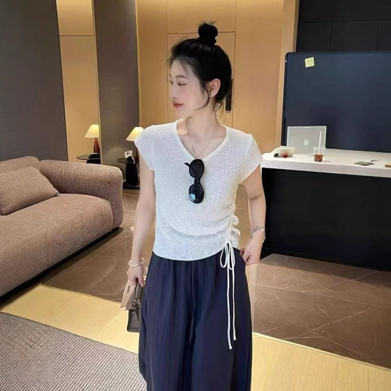 Hot! Irregular Drawstring Waisted Knitted Short-sleeved Women's 2025 Summer New Korean Style Slim-fit Slimming Top T