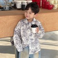 24春新款中小童男童韩国童装印花水洗棉布度假风翻领长袖花衬衫