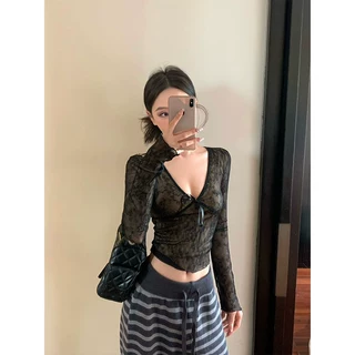 短款v领蕾丝衫女春季性感打底内搭气质长袖修身上衣薄款气质优雅