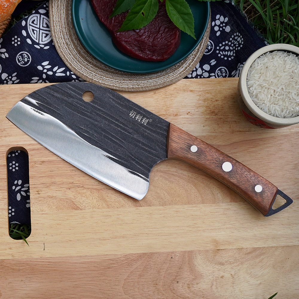 工厂现货网红锻打高碳不锈钢菜刀锋利切片刀锤纹菜刀鱼头刀实木柄