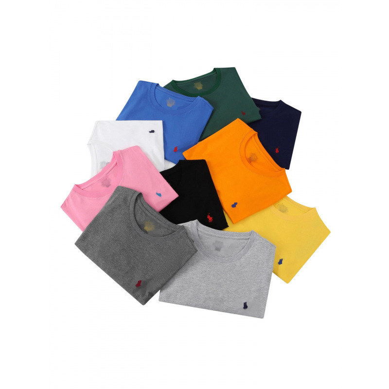 Cross-Border Summer Polo Pony Logo Round Neck Cotton T-Shirt Embroidered Short-Sleeved Versatile Men's and Women's Pure Color Loose Large Size