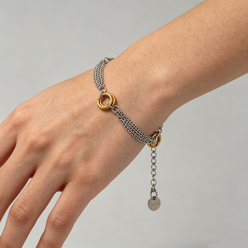 Fashionable and High-End Stainless Steel Bracelet, Gold and Silver Color Combination, Double Ring, Multi-Layered Thin Chain Bracelet, Titanium Steel Waterproof Jewelry Wholesale