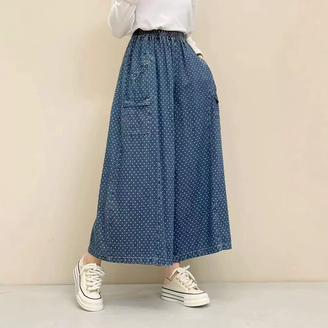 韩版时尚复古圆点阔腿牛仔裤女春秋新款宽松休闲百搭日系直筒潮