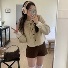 韩剧女主氛围感可爱减龄系带蝴蝶结圆领单排扣保暖毛呢短外套