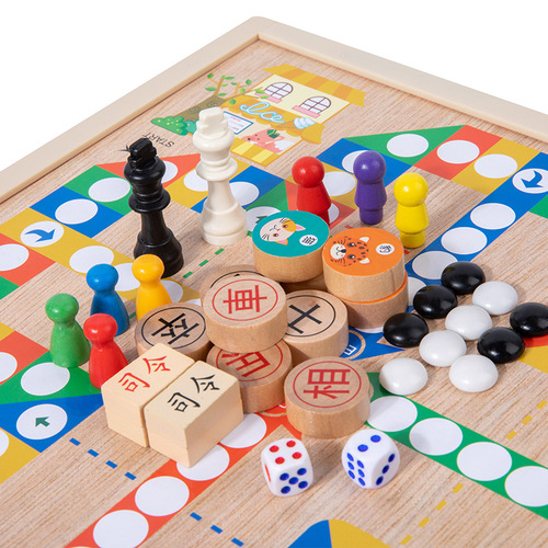 Ten-in-one multifunctional game chess, checkers, flying chess, backgammon, beast chess, educational wooden toys for children and students