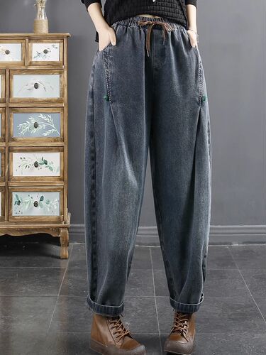 Spring slimming elastic waist washed blue disc buckle loose dad Harlan jeans pants casual jeans for women