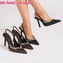 2025年春秋新款时尚高跟鞋女细跟缎面尖头水钻后空凉鞋女法式单鞋