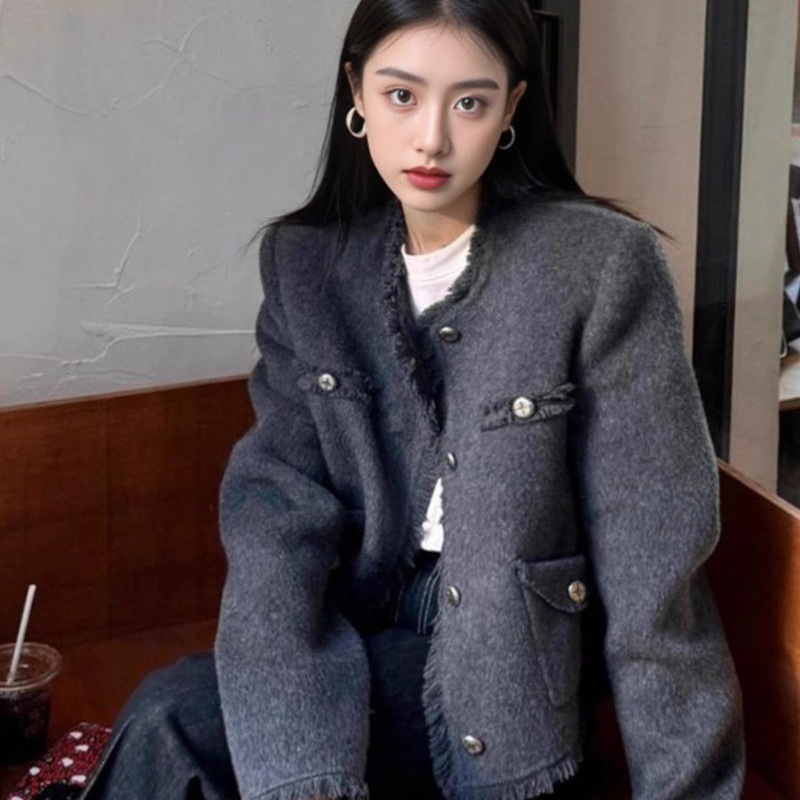 法式灰色名媛小香风外套女秋冬2025新款胖mm加厚毛呢外套短款上衣|undefined