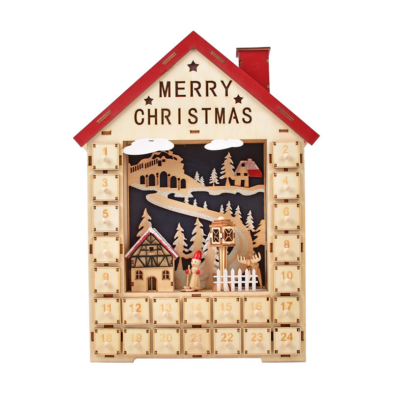 Decoraciones de Navidad hechas a mano de madera luminosa casa DIY caja de calendario creativo decoración de escritorio ventanas de diseño props image 5
