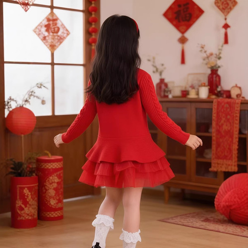 Children's clothing 2025 autumn and winter girls Christmas red knitted sweater dress long-sleeved fluffy princess dress