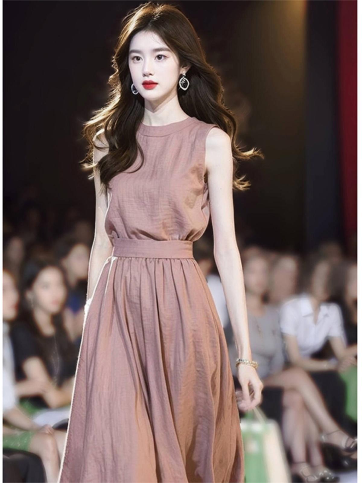 Váy maxi không tay phong cách Pháp màu hồng pastel — màu hồng mềm mại chi tiết 3
