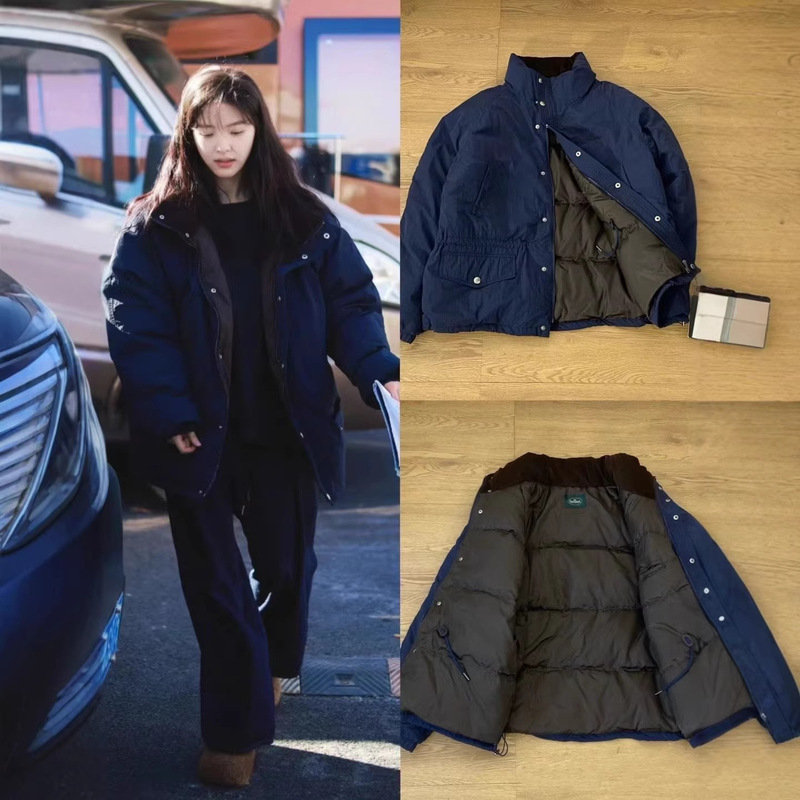 In-Stock Korean Women's down Jacket in Navy Blue with Stand Collar, White Duck Down, Same Style as Zhang Ruonan
