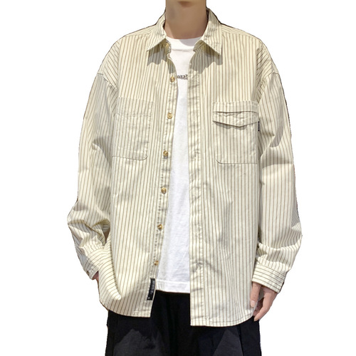 Minimalist Retro Vertical Striped Long-Sleeve Shirt for Men, Spring Versatile Open Shirt, Stylish Casual Student Loose Collar Shirt Outerwear
