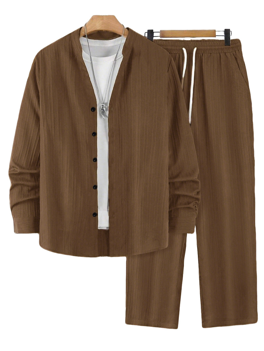 Transfronterizo Amazon nueva primavera y otoño delgada camisa de manga larga de color sólido sin cuello para hombre juego de dos piezas deportivas casuales