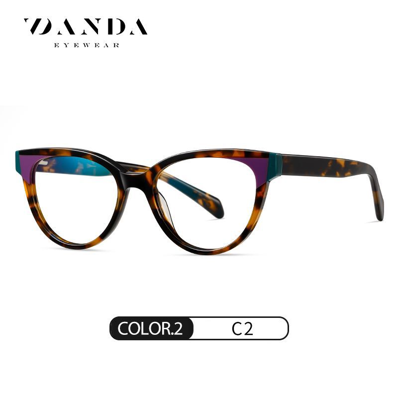 Gafas anti-azul de venta caliente transfronterizas F22104 Placa de forja multicolor Espejo plano Estante óptico de ácido acético de ojo de gato de moda