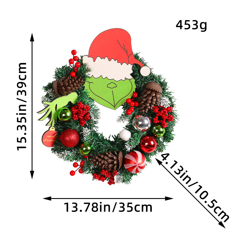 Guirnalda Navideña Creativa de Amazon con Diseño de Grinch, Guirnalda de Navidad con Diseño de Monstruo Verde y Piñas, Decoración para Colgar en la Pared o en la Puerta