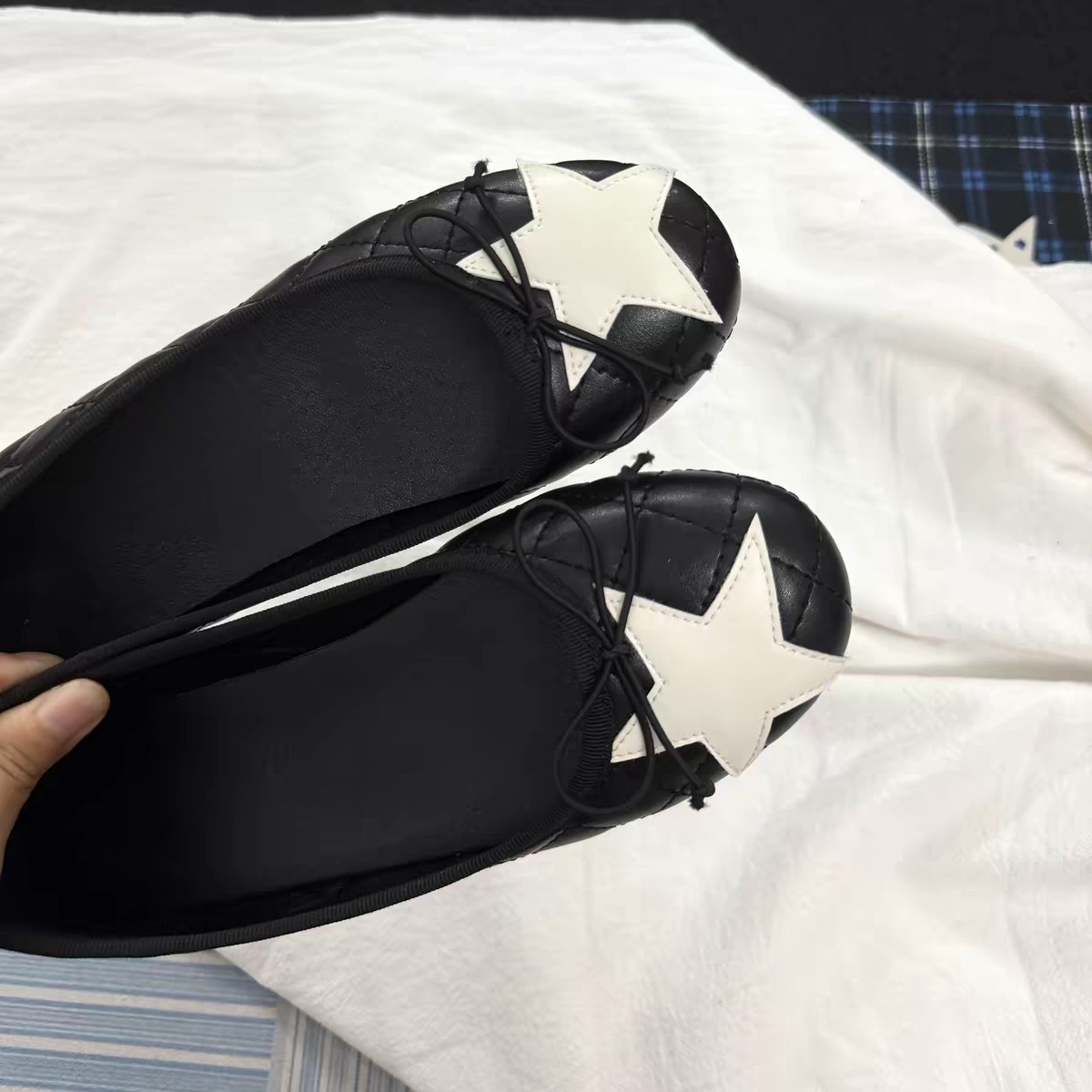 Leather version~Korean style round-toe star bow ballet shoes, round-toe shallow single shoes, commuter soft-soled flat shoes