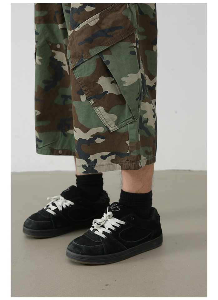 Quần short denim rằn ri nhiều túi ống rộng ống đứng — Rằn ri chi tiết 11