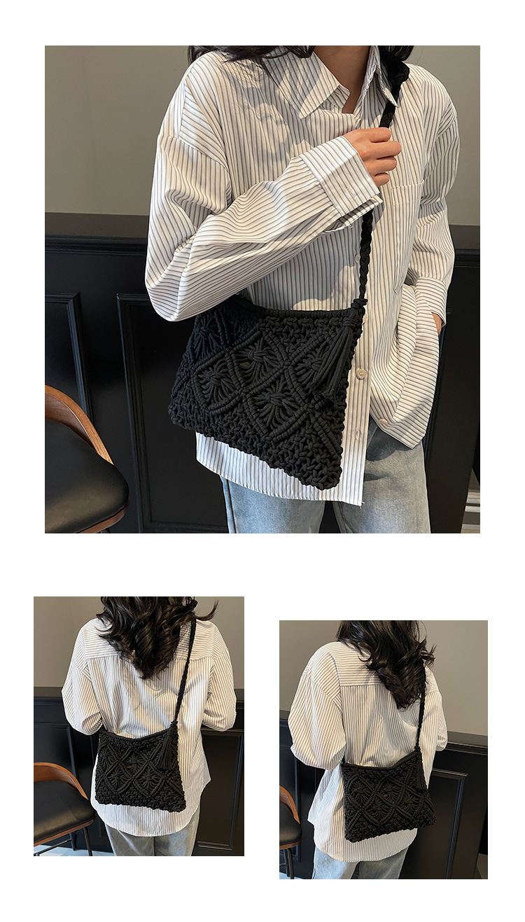 177g Weight Polyester Cotton Lining Material Weave, Hollow Fashion Element Zipper Closure Type Single Shoulder Strap Strap Type Shoulder Bag Bags Type Casual Occasion cotton rope Material Solid Color Pattern All Seasons Season Women's Gender Vacation Style Square Shape Women's Cotton Rope Solid Color Vacation Weave Hollow Square Zipper Shoulder Bag 2