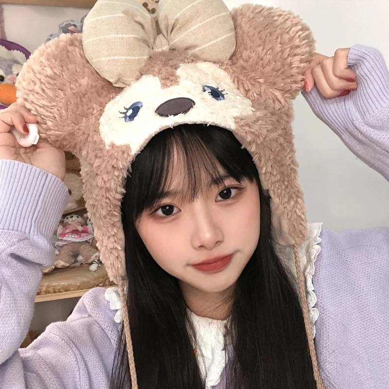 Shirley Medoff Bear Round Top Plush Hat for Girls, Autumn/Winter Style, Star Dellu Cartoon Character, Warm Ear Protection, Sweet and Cute