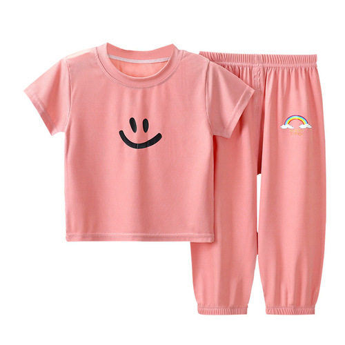 Women's Ice Silk Short Sleeve Set Summer Korean Style Casual Homecoming Pajamas Ankle-Fit Mosquito-Proof Pants Two-Piece Set Wholesale