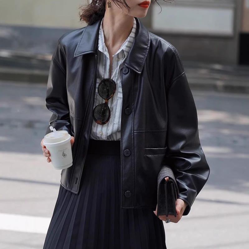 "Sketch" French Retro Black Leather Women's Loose Short Leather Jacket Coat Women