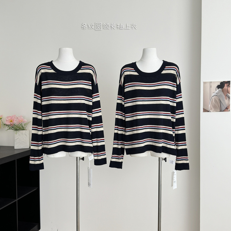 Ready-Made Pansy Knitwear Silk Cashmere Blended Striped Round Neck Long-Sleeved Top