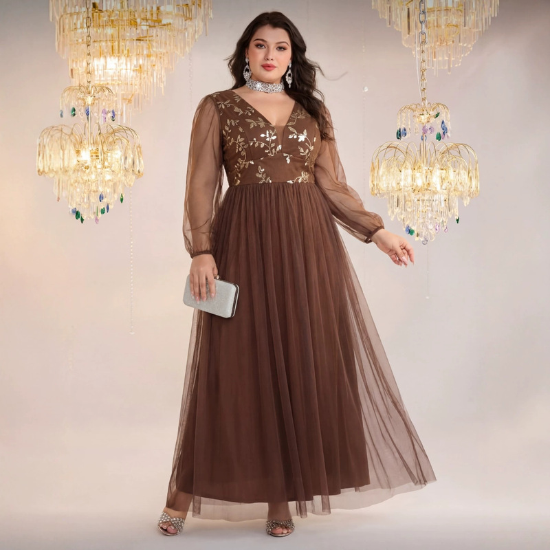 Cross-Border Evening Dress European and American Style V-Neck Long Sleeve Slit Sequin Elegant Plus Size Women's Clothing for Curvy Women Bridesmaid Dress Cross-Border Evening Dress European and American Style V-Neck Long Sleeve Slit Sequin Elegant Plus Size Women's Clothing for Curvy Women Bridesmaid Dress