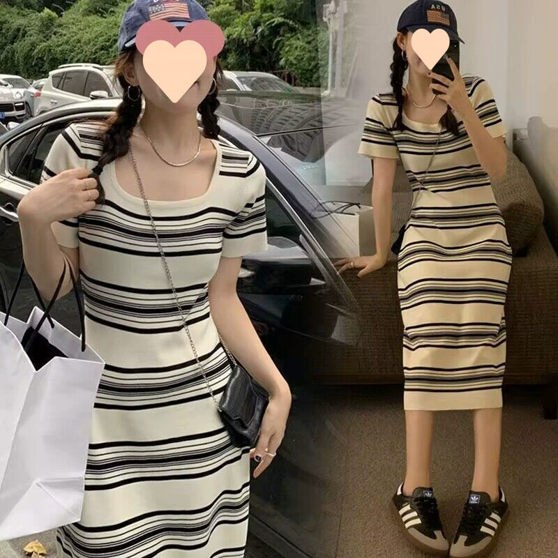 Корейское полосатое трикотажное платье с короткими рукавами, новинка весны и лета, тонкий повседневный свитер средней длины в ленивом стиле для женщин