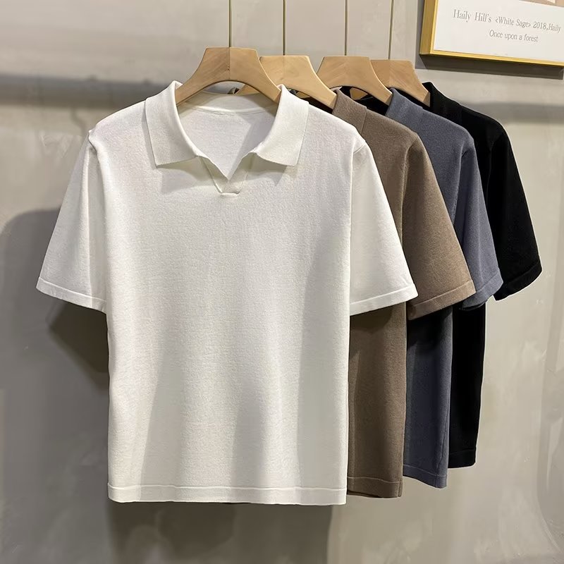 Summer thin breathable elastic knitted solid color short sleeve…