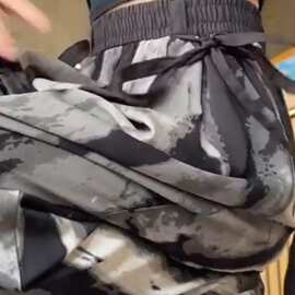 2301设计感松紧腰水墨阔腿裤女小个子洋气减龄高腰直筒休闲裤子