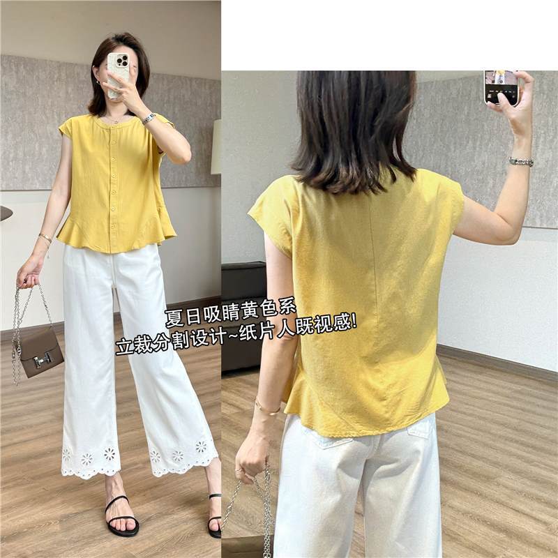 法式小众！鱼尾边麻棉小衫！圆领纽扣包肩袖遮肚腩上衣夏季凉衬衫