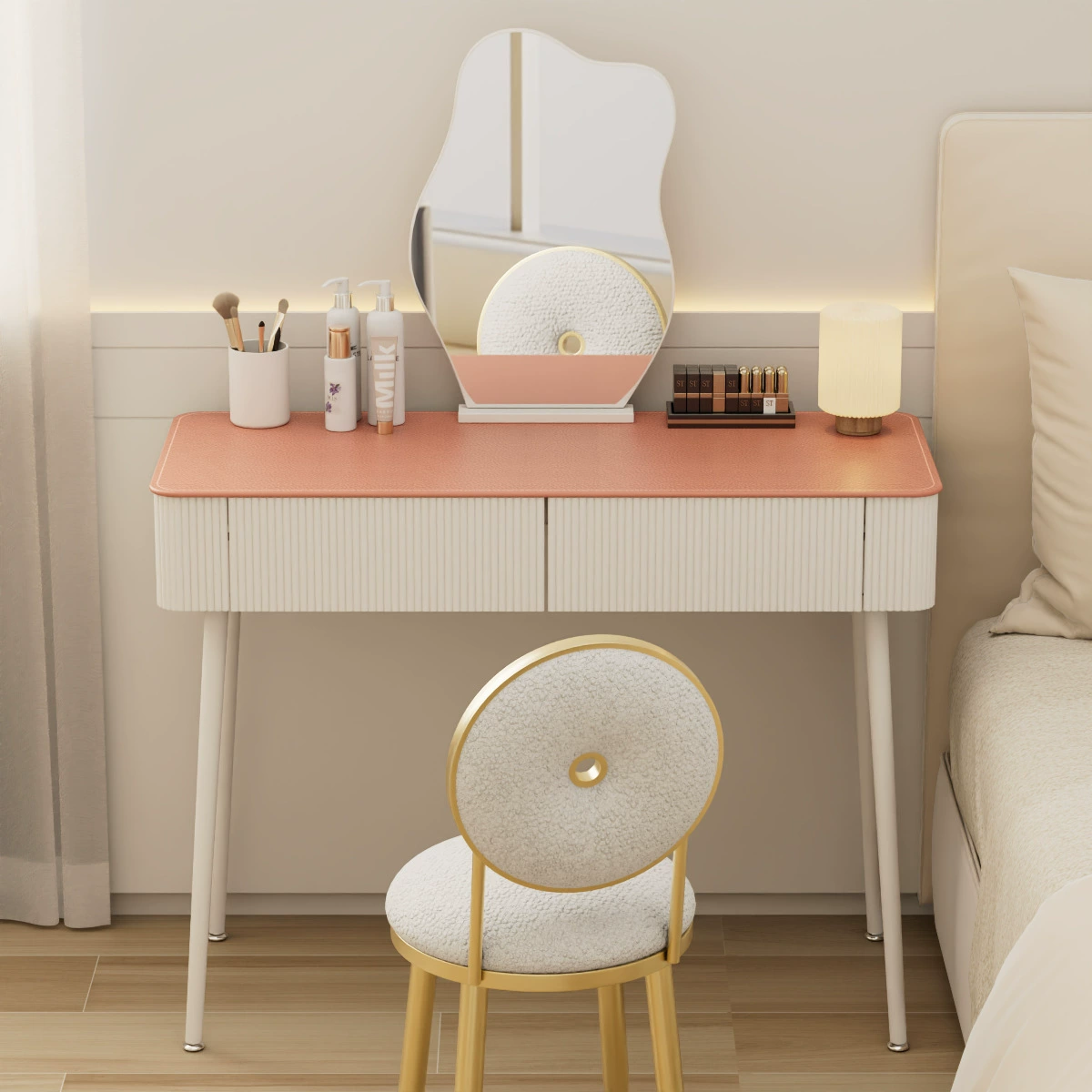 Спальня легкий экстравагантный стол для макияжа с выдвижным ящиком Прикроватный столик Современная минималистская небольшая квартира из кожи из закаленного стекла