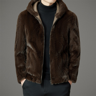 Men's Hooded Mink Fleece Coat Winter New Fashionable Thickened Two-Sided Sheeran Mink Fur Coat Windproof and Warm