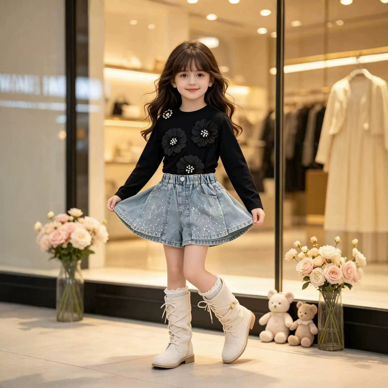 J Cross-Border Foreign Trade Girls' Outfit 2026 Autumn New Product Three-Dimensional Floral Long-Sleeve Top + Denim Skirt J Cross-Border Foreign Trade Girls' Outfit 2026 Autumn New Product Three-Dimensional Floral Long-Sleeve Top + Denim Skirt