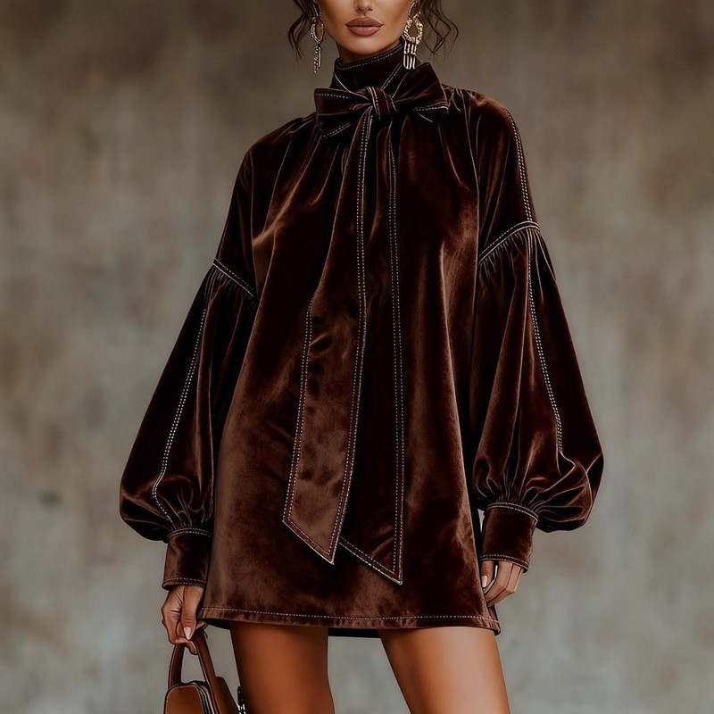 2025 European and American Independent Station New High-Neck Bow Velvet Bud Sleeve Mini Dress