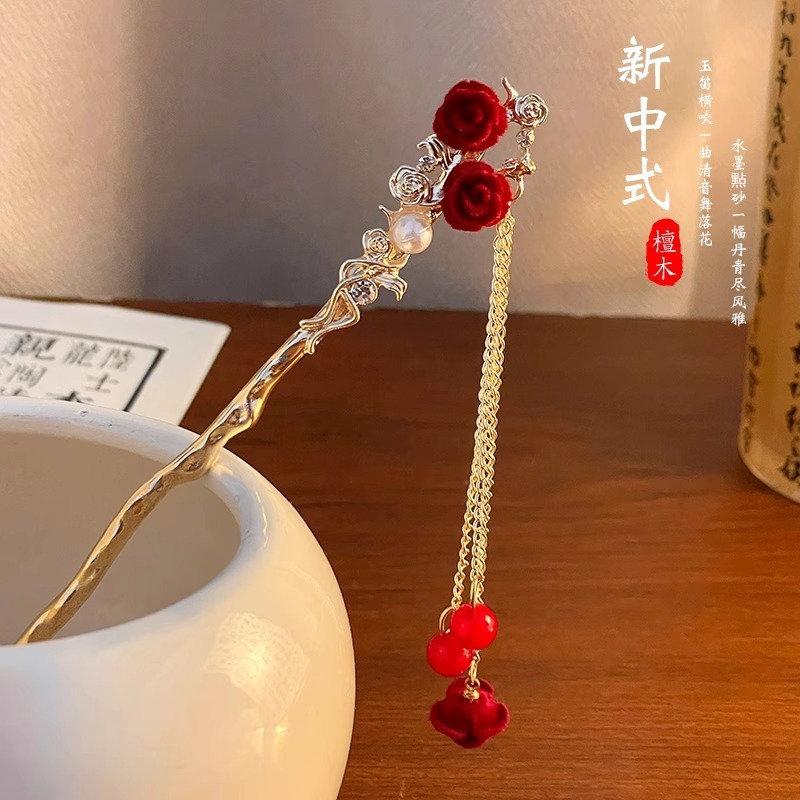 中国风韵味！国风桃木花朵发簪！新中式高级感盘发钗子气质发饰|undefined