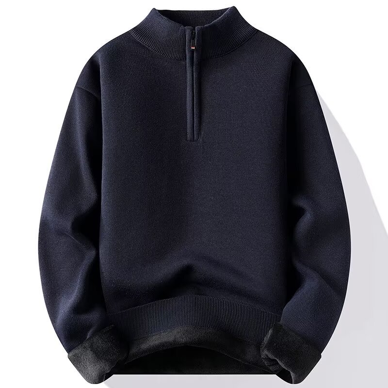 Half-Zip Sweater Men's Autumn and Winter fleece-lined Thickened Half-Turtleneck Sweater Men's One-piece Velvet Warm Winter Sweater