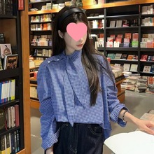 2025新款别致甜美风设计感小众领结系带宽松格子显瘦长袖衬衫女装